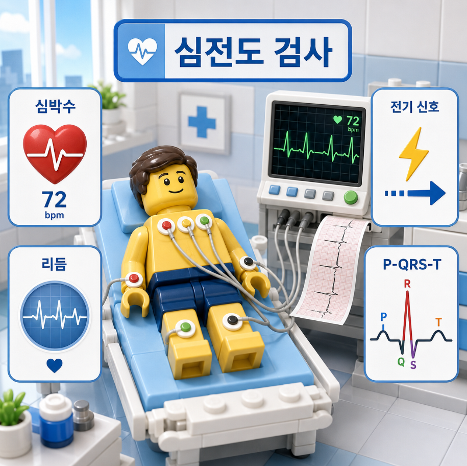 레고 스타일 의료 일러스트로 표현한 심전도 검사와 심박수·리듬·전기 신호·P-QRS-T 파형 기록 원리