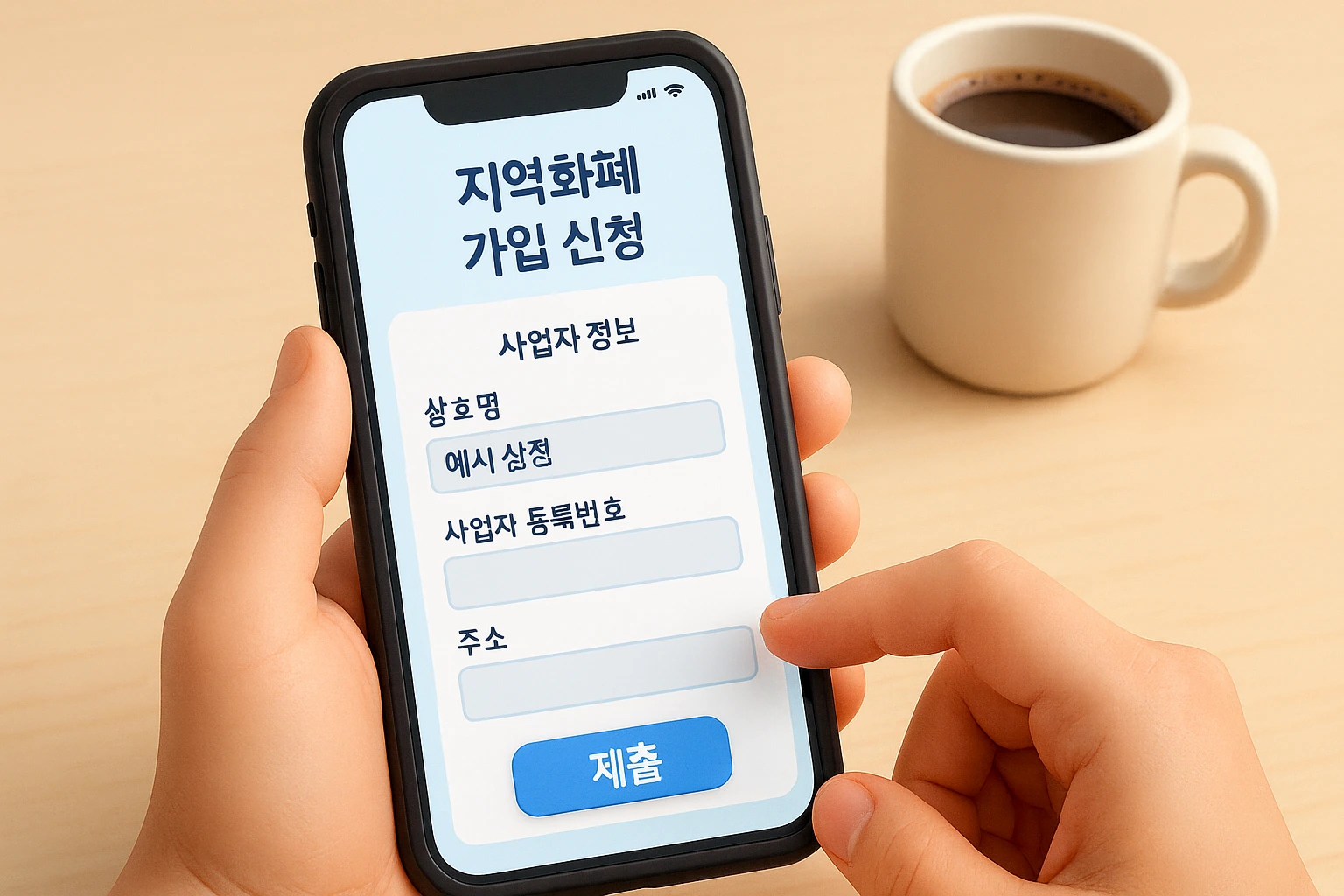 스마트폰으로 지역사랑상품권 가맹점 신청 페이지에 접속해 정보를 입력하는 손