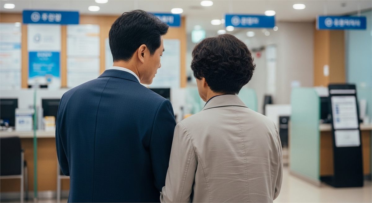 보호자와 함께 은행 창구 방문 신청을 준비하는 어르신 모습