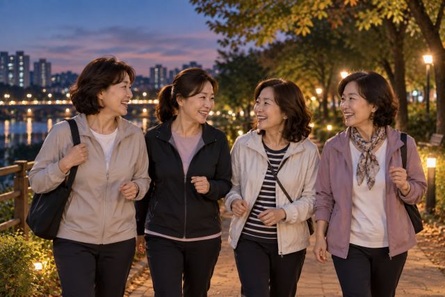 저녁 산책로를 함께 걸으며 대화하는 중년 여성 4명