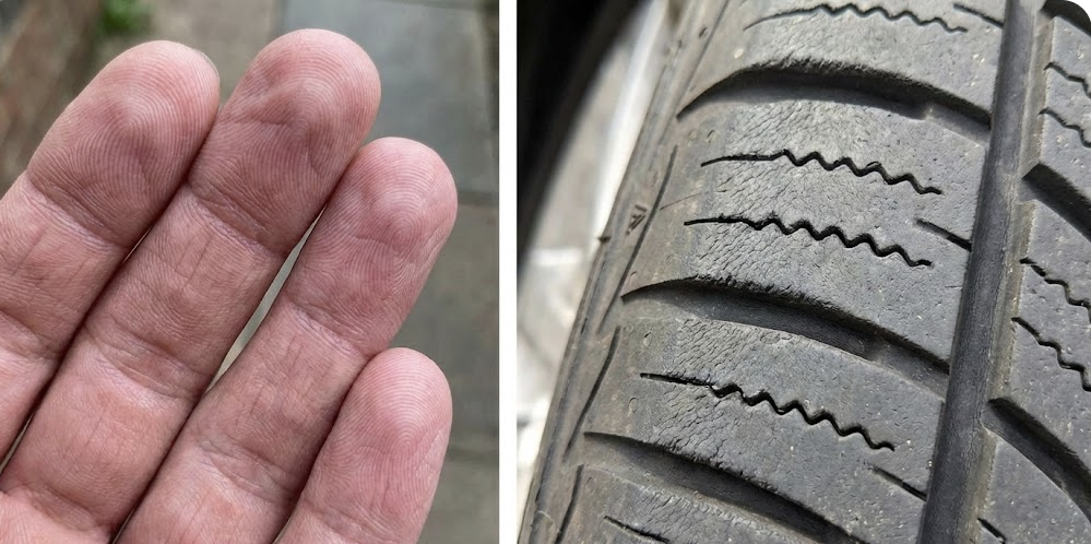 손가락과 타이어 주름 비교 사진