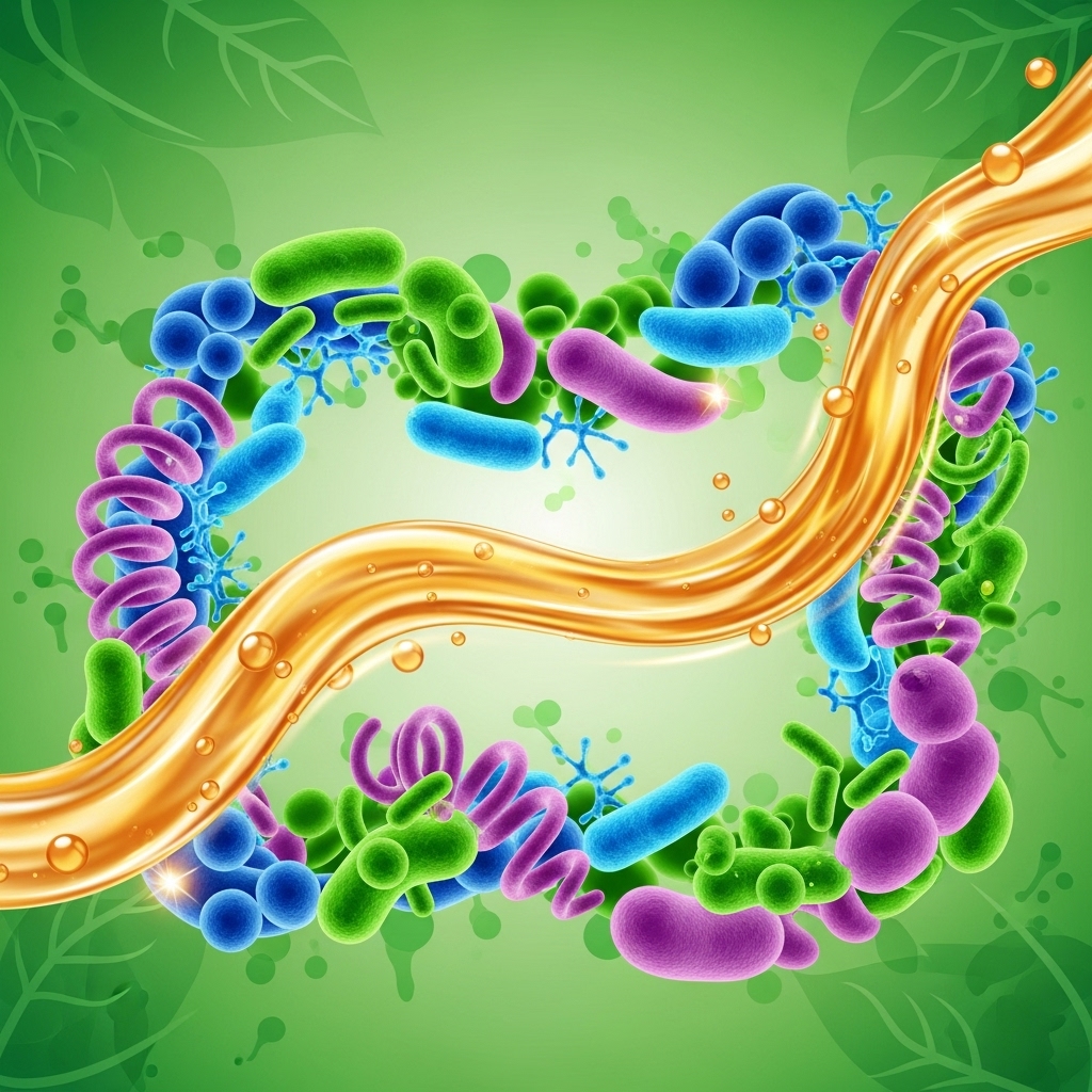 초모가 가득한 황금빛 애사비가 건강한 장 미생물 환경 속으로 흘러들어가는 모습, 2025년 장 건강 슈퍼 푸드를 시각화한 이미지.