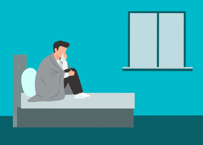 독감 고열과 오한으로 침대에 앉아 담요를 두른 남성 일러스트, 독감 예방접종 효과 및 타미플루 치료 관련 건강 정보 이미지