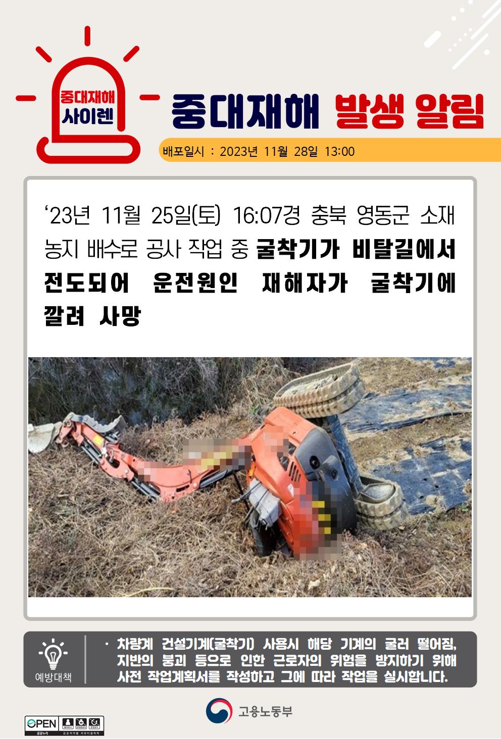 농지 배수로 공사 작업 중 굴착기가 비탈길에서 전도