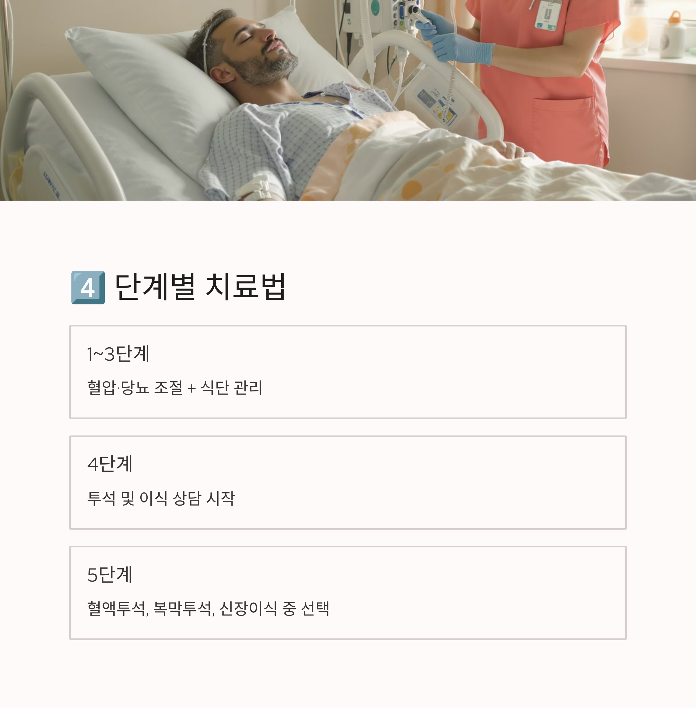 병원 침대에 누운 환자와 간호사의 모습과 함께, 만성 신부전 단계별 치료 방법이 정리된 인포그래픽 이미지