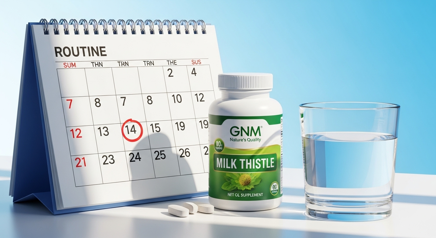 GNM 자연의품격 밀크씨슬 제품과 물 한 잔, 그리고 일정이 표시된 달력 이미지. 꾸준한 섭취를 상징합니다.