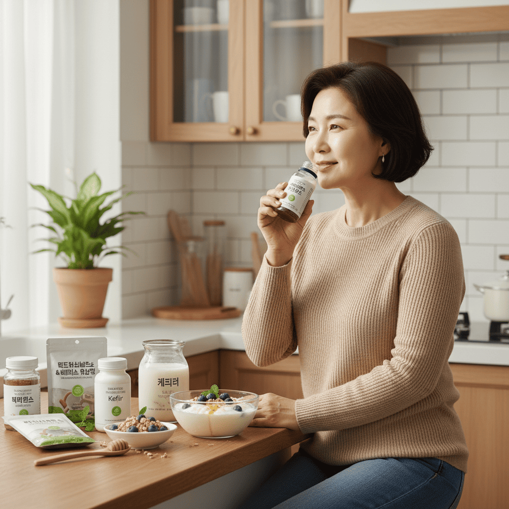 장내 유익균(락토바실러스, 비피도박테리움 등)과 요거트, 케피어 등 프로바이오틱스 섭취하는 여성