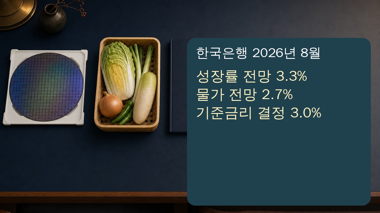 한국은행 성장률 3.3% 전망과 소비자물가 2.7% 기준금리 3.0%의 배경을 보여주는 이미지