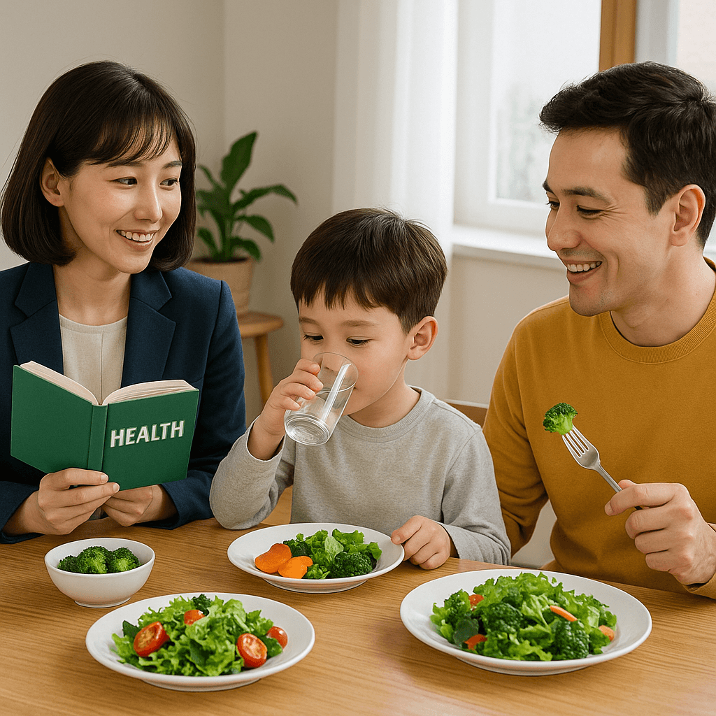 부모와 아이가 함께 건강한 식사를 하는 모습(출처**자체제작)