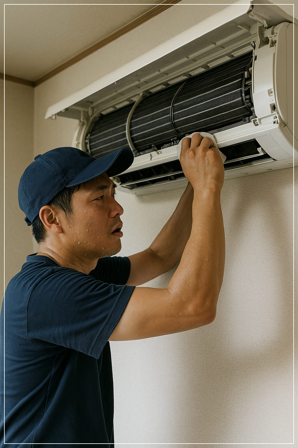 전남 나주 빛가람 신도시 아파트 거실에서 벽걸이형 에어컨을 분해 청소 중인 한국인 기술자의 모습입니다. 농업 비산먼지와 곰팡이 제거를 위한 여름 대비 작업이에요.