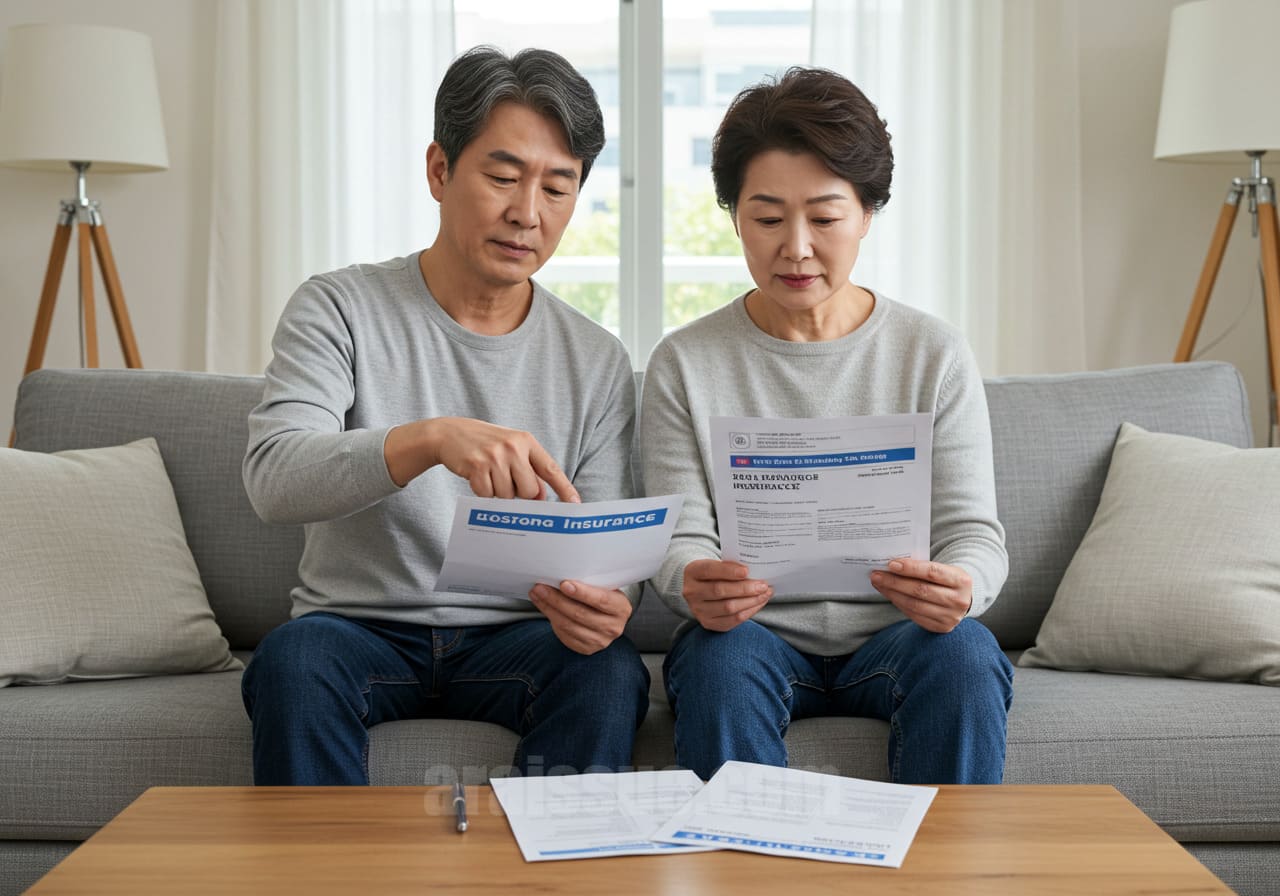 한국 중년 부부가 소파에 앉아 실손보험과 다른 보험 상품의 보장 내용을 비교하고 있는 모습.
여러 보험 서류를 들고 대화를 나누며 보다 효과적인 활용 방안을 고민하는 장면입니다.
