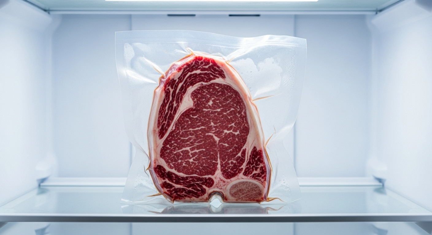 냉장고 선반에서 천천히 해동 중인 진공 포장된 스테이크용 소고기