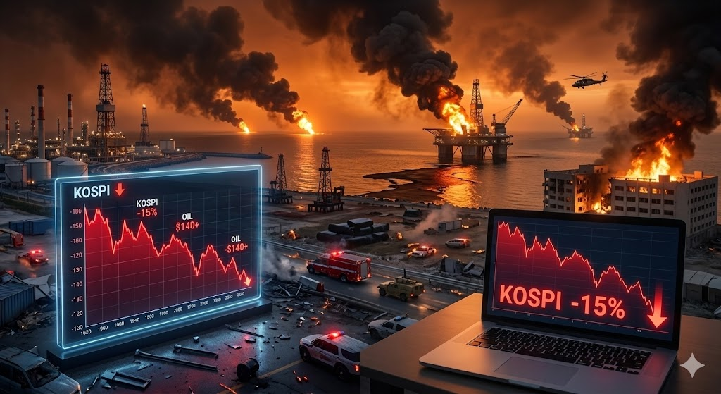 2026년 중동전쟁의 충격으로 하락하는 주식 차트와 석유 시추 시설 배경의 긴박한 이미지