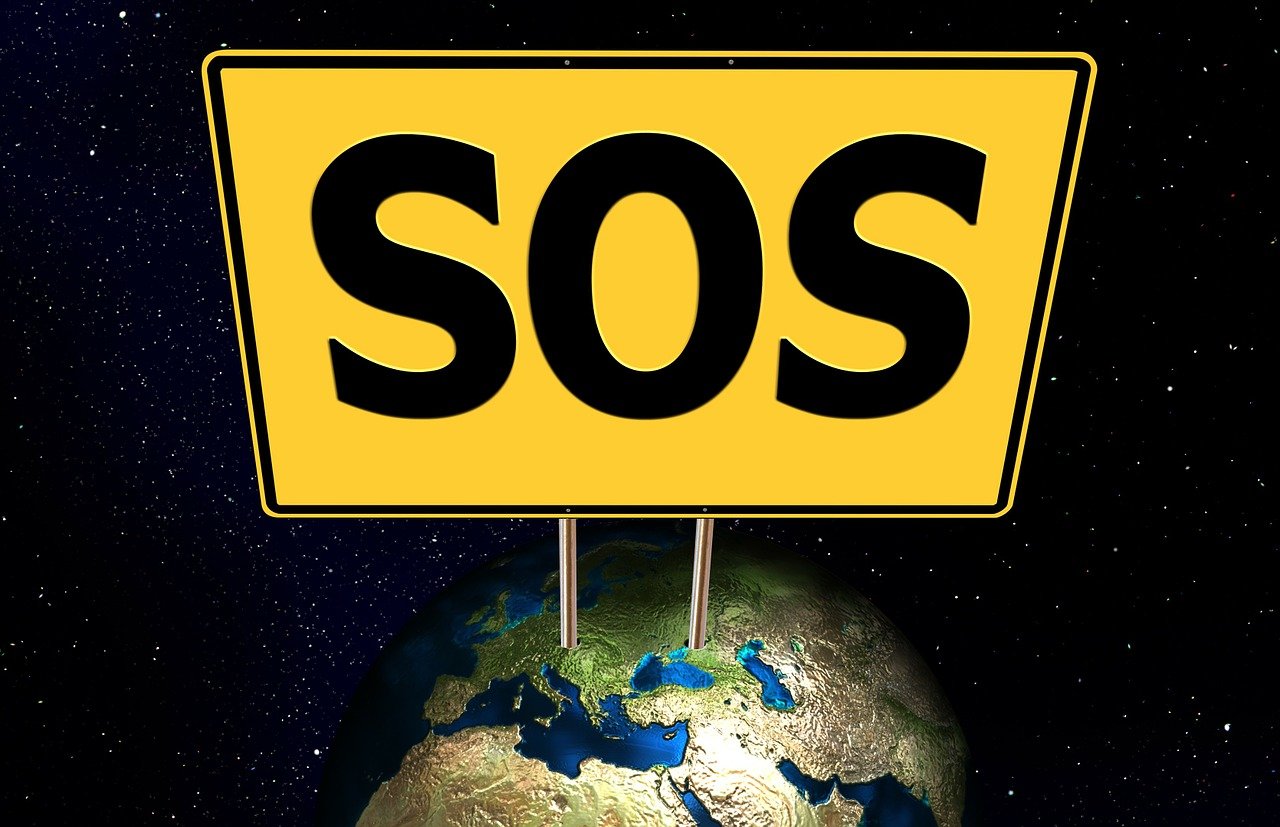 지구모형 위에 SOS 팻말이 꽂혀있다