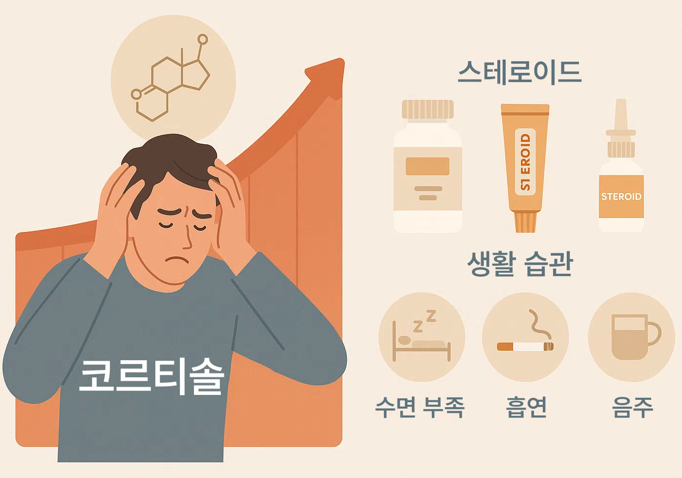 스트레스로 머리를 감싸쥔 사람, 코르티솔 호르몬 그래픽, 약물·연고·비염 스프레이 등 스테로이드 제품 나열, 수면 부족·흡연·음주·커피 등의 생활 습관 아이콘