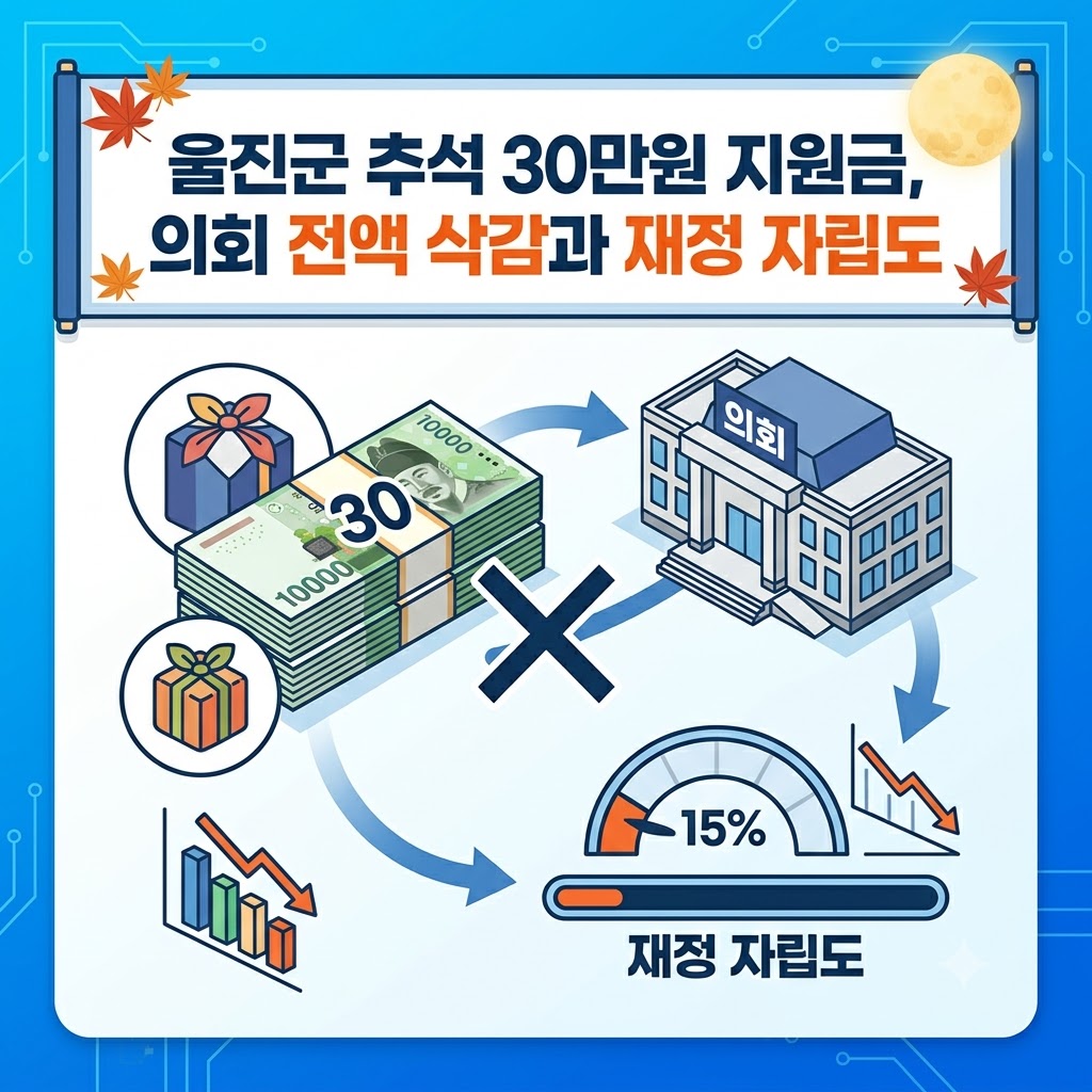 울진군 추석 30만원 지원금 전액 삭감과 낮은 재정 자립도 문제를 나타내는 인포그래픽 이미지