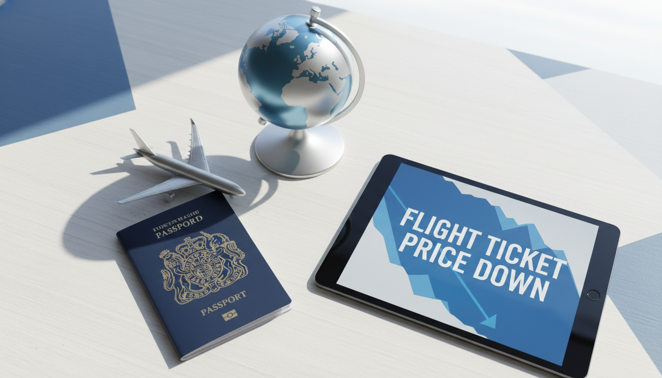 스마트폰과 여권, 지구본이 놓여 있는 책상 위에서 비행기 표 예매 화면을 보여주는 이미지