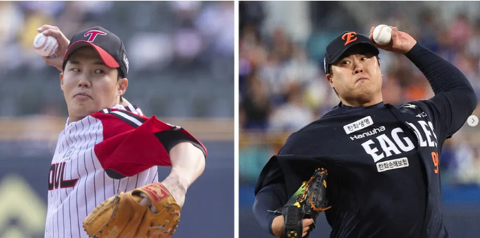 2025 한국시리즈 2차전, 한화 류현진 선수와 LG 임찬규 선수가 마운드 위에서 선발 맞대결을 펼치는 긴장감 넘치는 야구 경기 장면.