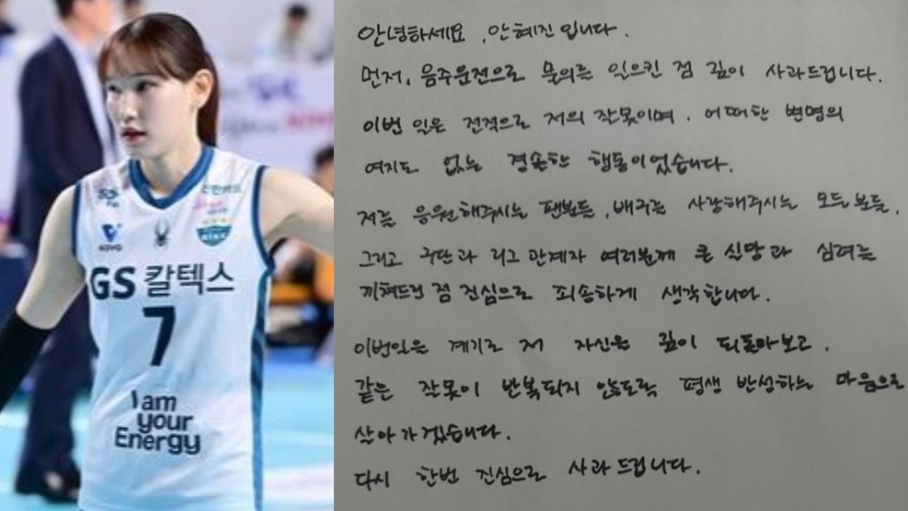 안혜진 배구선수 혈중알코올농도 면허정지 중징계 자필사과문