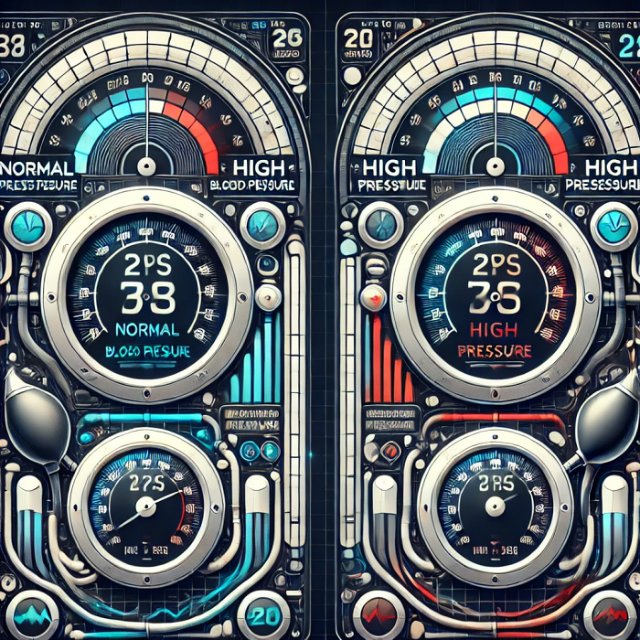 정상 혈압과 고혈압 수치를 비교하는 차트, 디지털 혈압계를 이용한 시각적 표시.