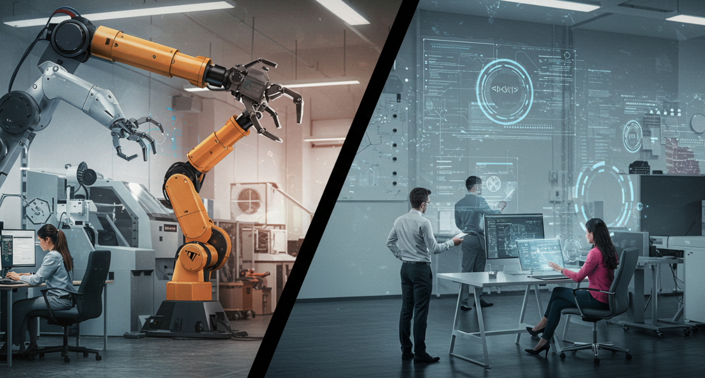 공장에는 로봇이 일하고, 사람은 컴퓨터로 작업하고 있다