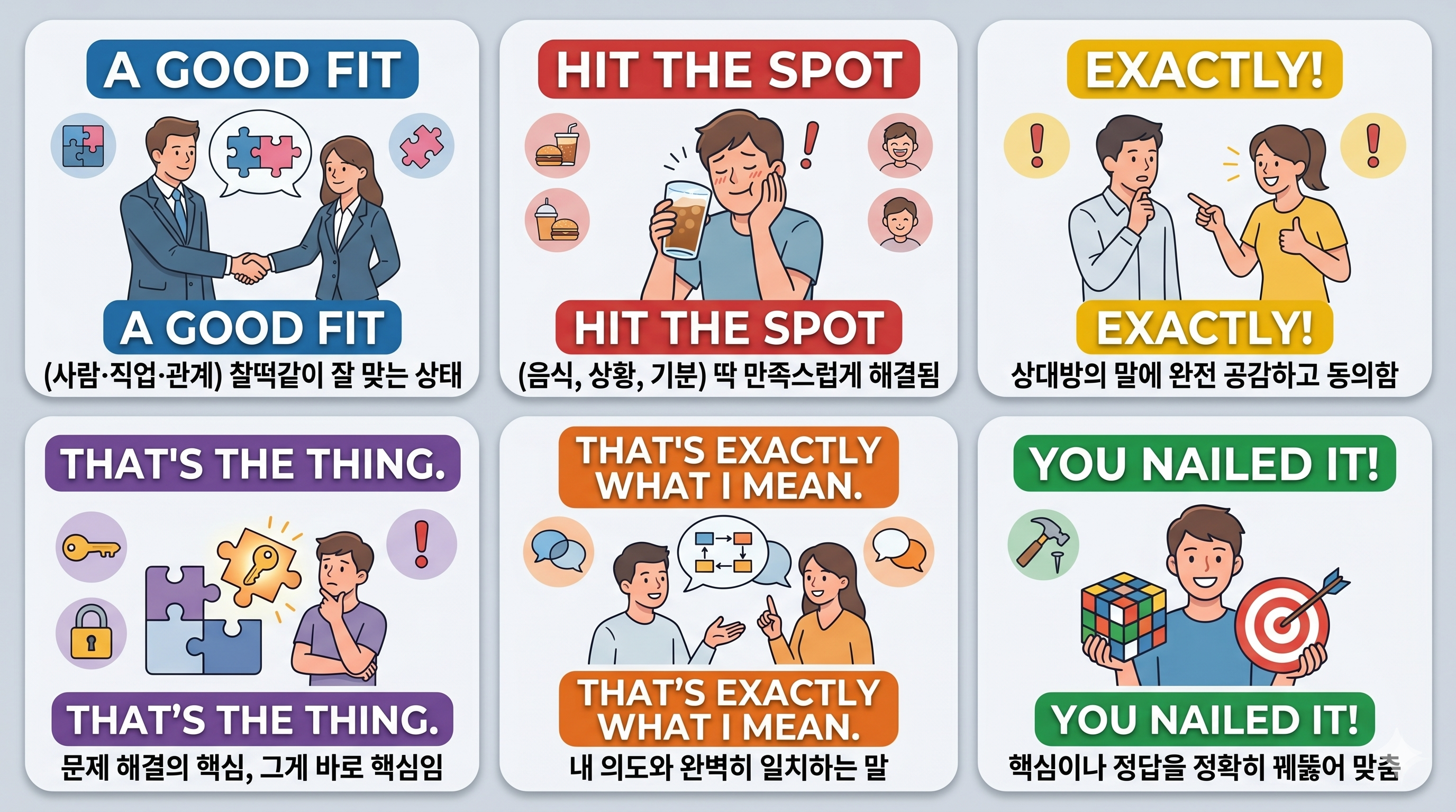 원어민이 자주 쓰는 공감과 리액션 영어 표현 6가지(A good fit, Hit the spot, Exactly, That's the thing, That's exactly what I mean, You nailed it)를 상황별 일러스트와 한글 뜻으로 정리한 가로형 요약 카드 이미지