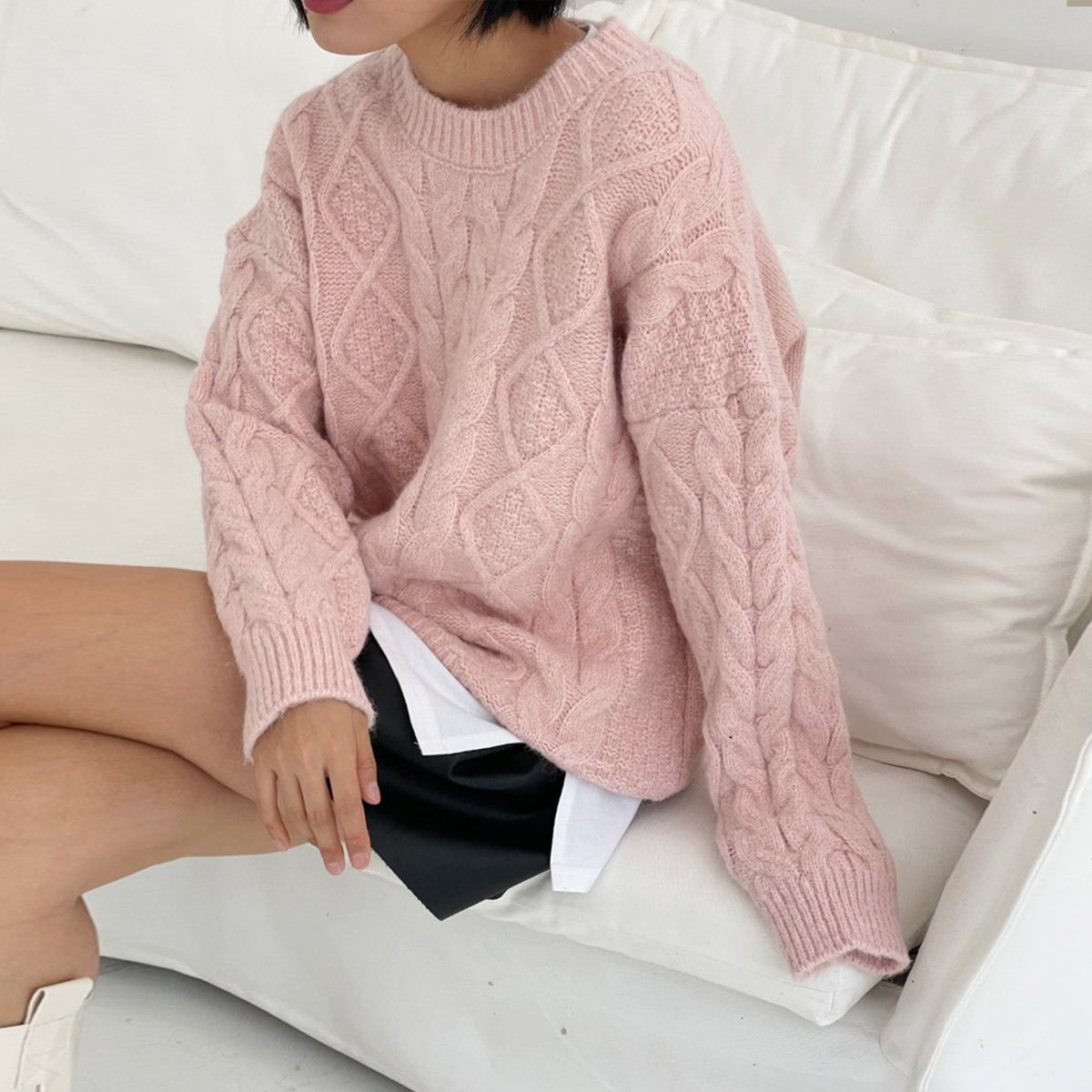 파스텔 꽈배기니트 루즈핏 라운드 핑크니트