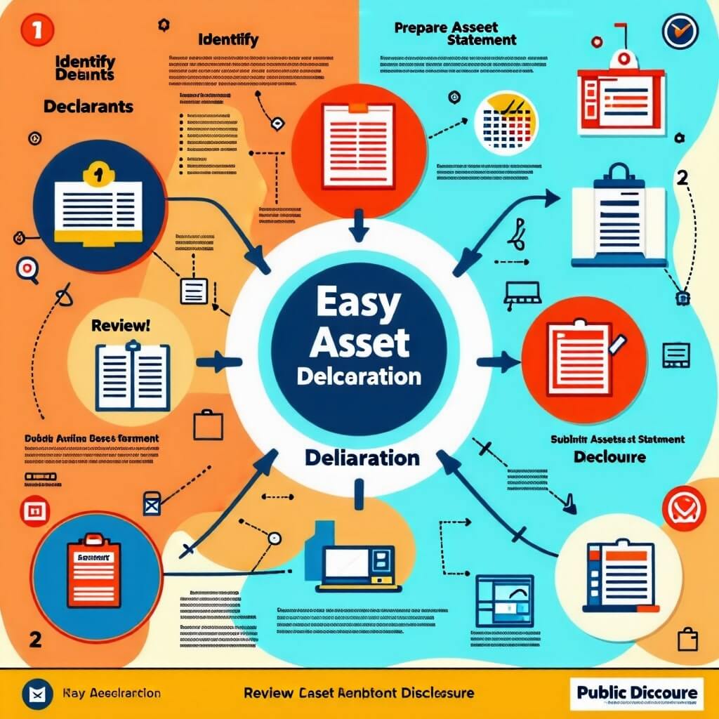재산신고 절차를 단계별로 시각화한 이미지 (예: 신고 대상자 확인 → 재산 명세 작성 → 제출 → 심사 → 공개).