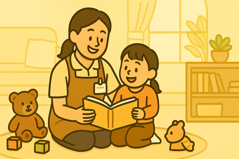 여성이 아이와 함께 책을 읽는 모습, 아이돌보미 자격증 관련 돌봄 활동