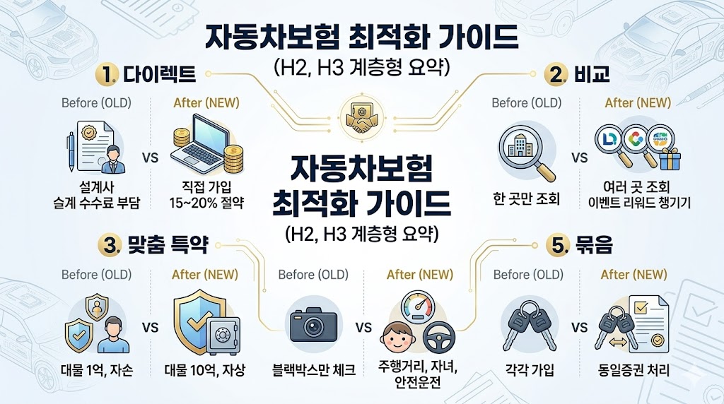 다이렉트 가입, 보험사 비교, 맞춤 특약 설정, 할인 혜택 챙기기, 동일증권 묶음을 시각화한 자동차보험 최적화 가이드 인포그래픽