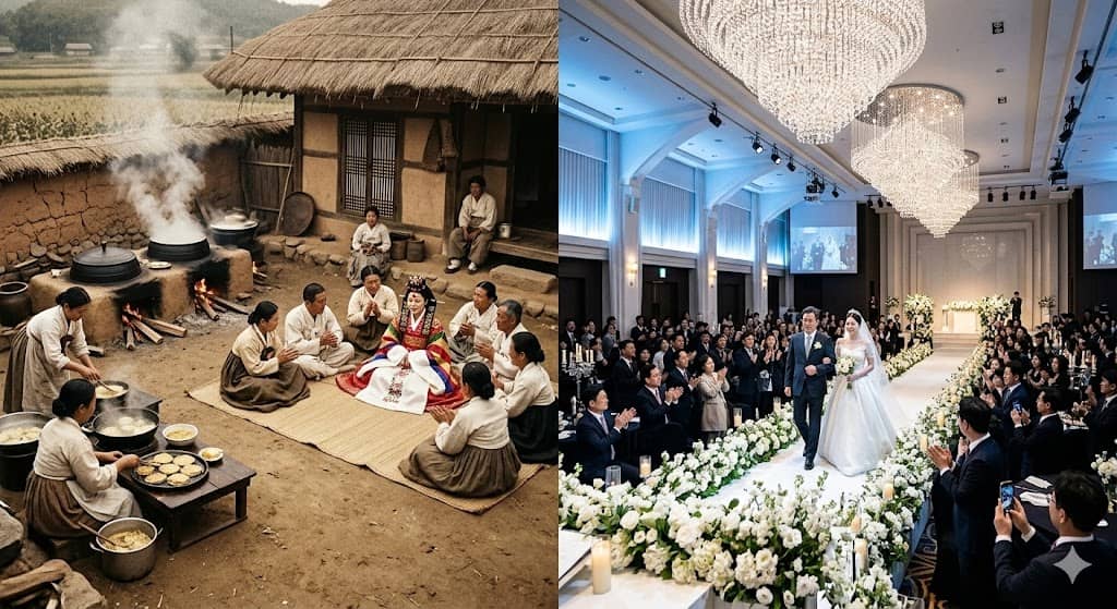 korea_wedding_1966_village_jantchi_vs_2006_grand_ballroom_comparison.jpg
Alt 태그: 1966년 한국 동네 마당 결혼 잔치 2006년 웨딩홀 그랜드볼룸 비교 웨딩 산업 변천사 결혼 비용 역사