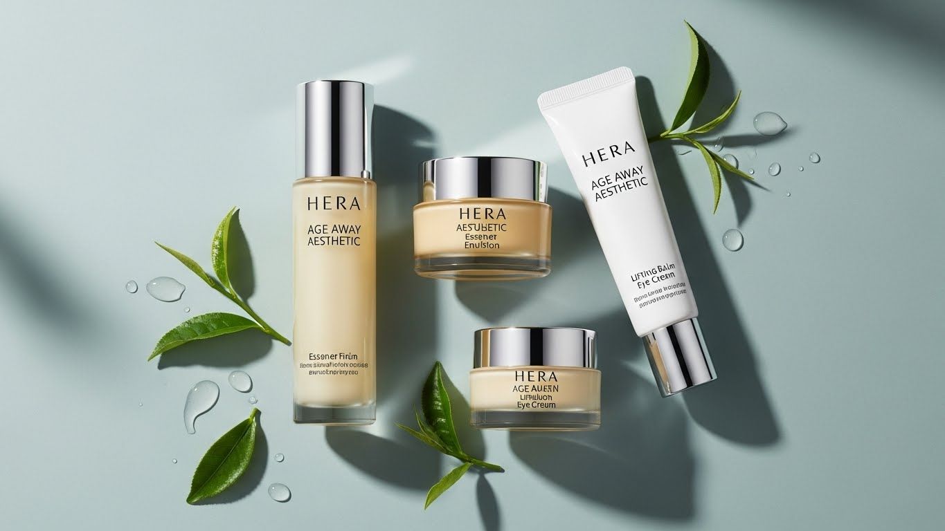 부드럽고 가벼운 청록색 배경에 은은한 자연광이 어우러진 아름다운 구성의 헤라 에이지 어웨이 에스테틱 스킨케어 제품(에세너, 에멀젼, 리프팅 밤, 아이 크림)이 우아하게 배열되어 있습니다.