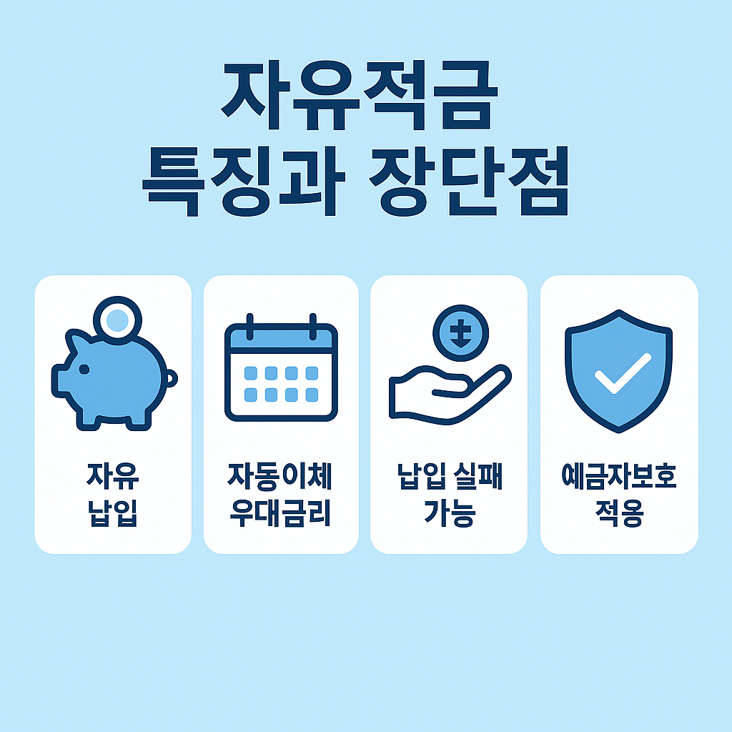 카카오뱅크 자유적금의 자유 납입, 자동이체 우대금리, 납입 실패 가능, 예금자보호 적용 등 장단점을 간결하게 담은 이미지