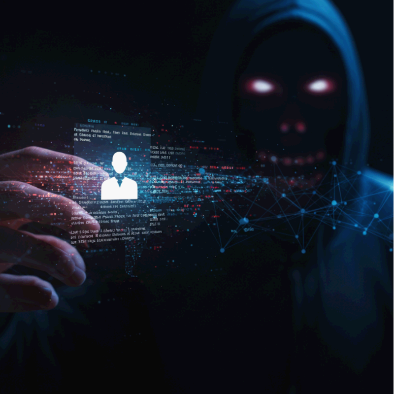 해커가 어두운 배경 속에서 디지털 개인정보를 훔치는 장면. 사이버 범죄, 개인정보 유출, 해킹 위협을 상징하는 이미지.