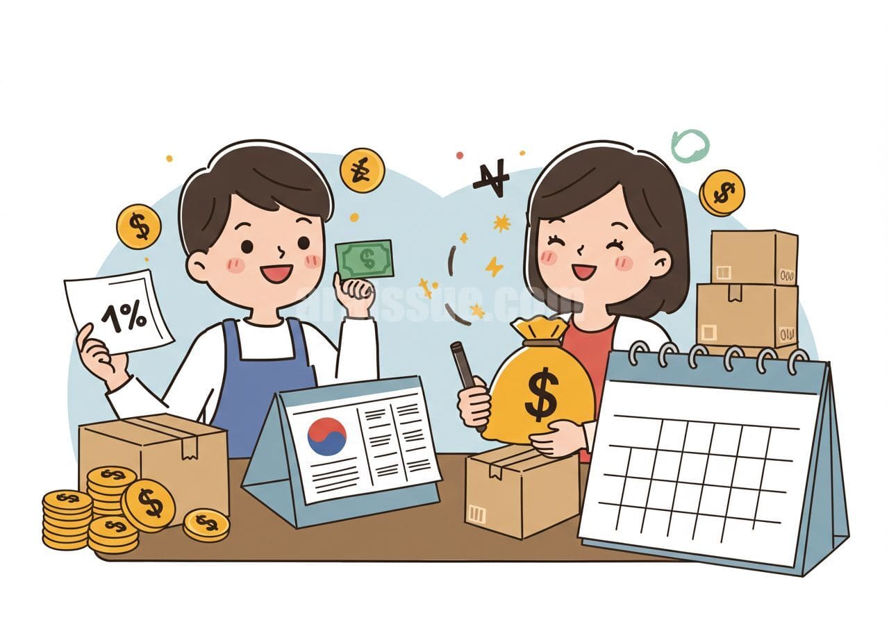 소상공인이 물류에서의 성장과 효율성을 축하하는 모습을 나타낸 일러스트.