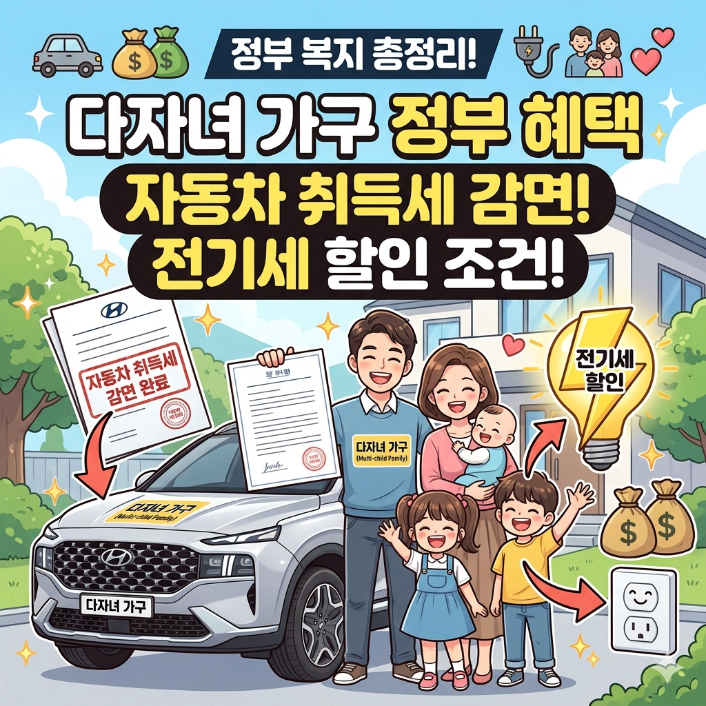 다자녀 가구 정부 혜택: 자동차 취득세 감면 및 전기세 할인 조건