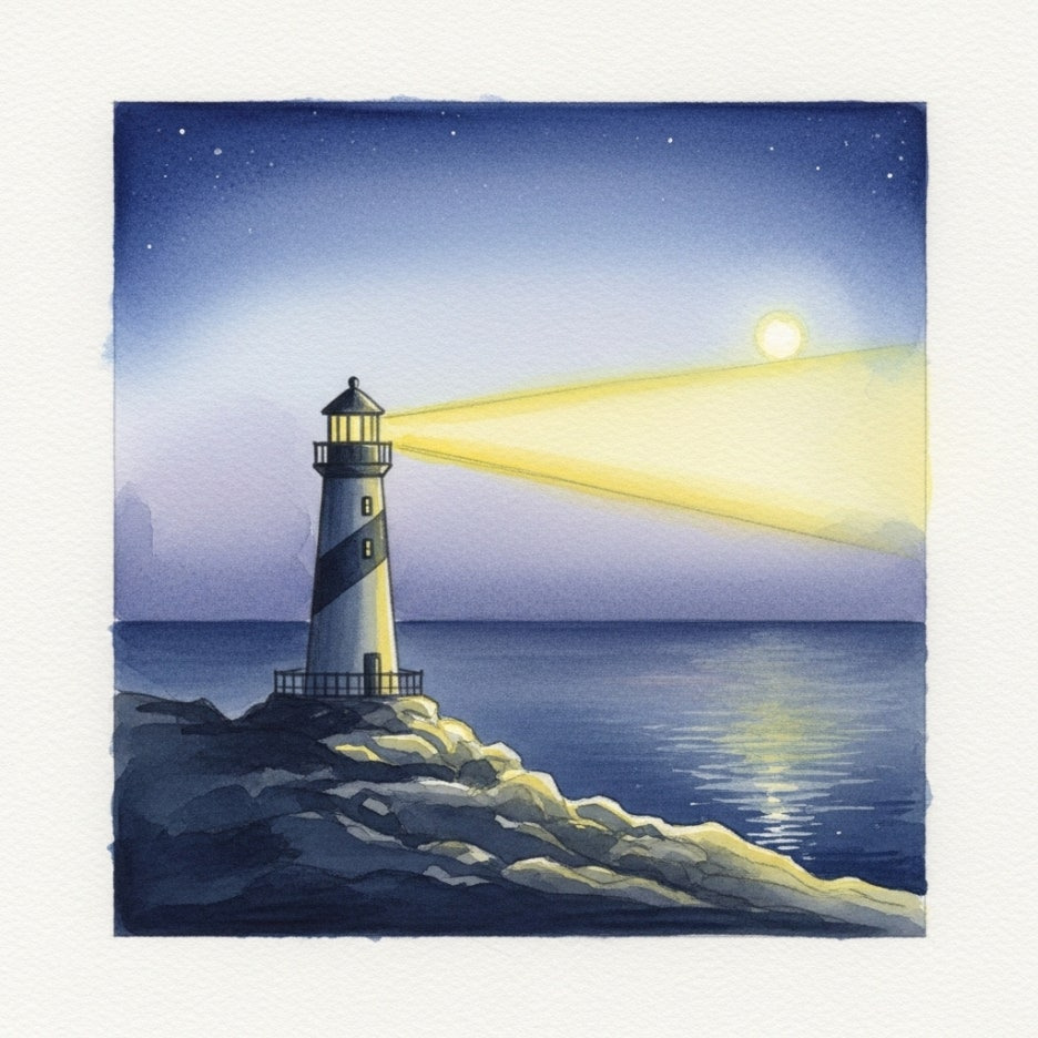 잔잔한 밤바다를 비추는 등대의 따뜻한 불빛