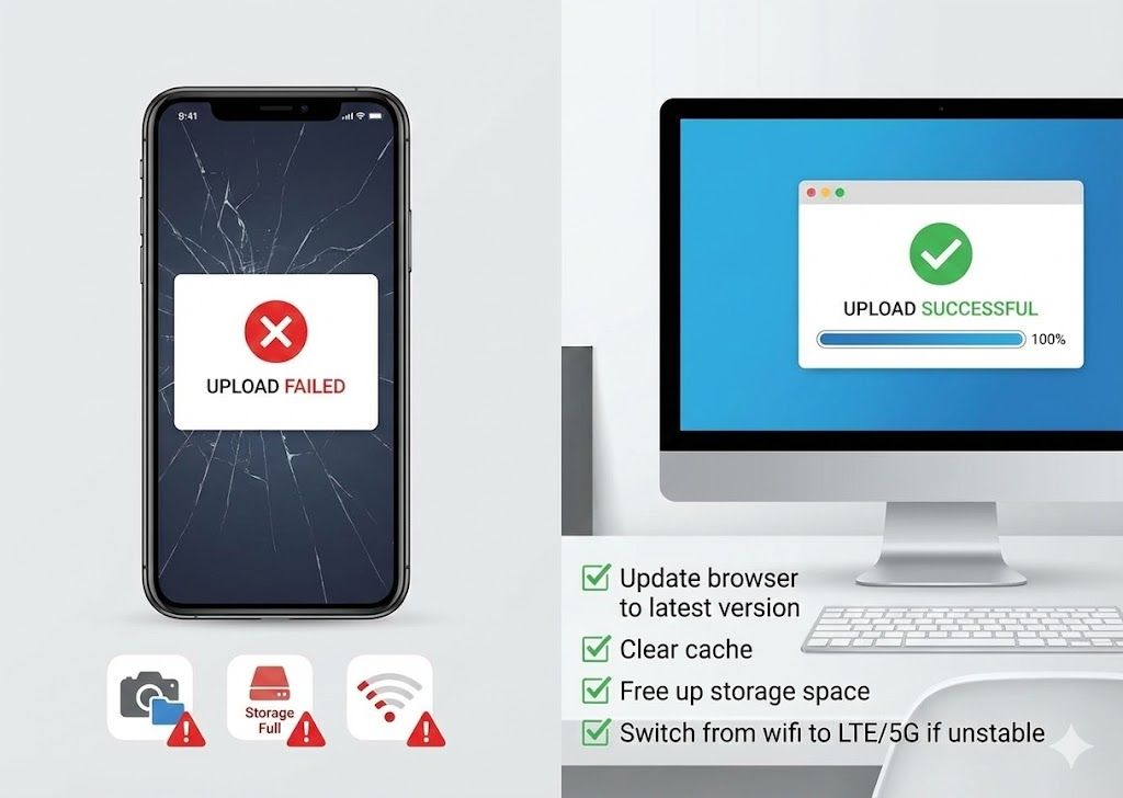 나노바나나 모바일 업로드 오류 해결 안내 &mdash; 스마트폰에서 업로드 실패는 저장공간&middot;권한&middot;네트워크 문제 원인이 많으며, 브라우저 업데이트, 캐시 삭제, 저장공간 확보, LTE&middot;5G 전환으로 해결 가능.