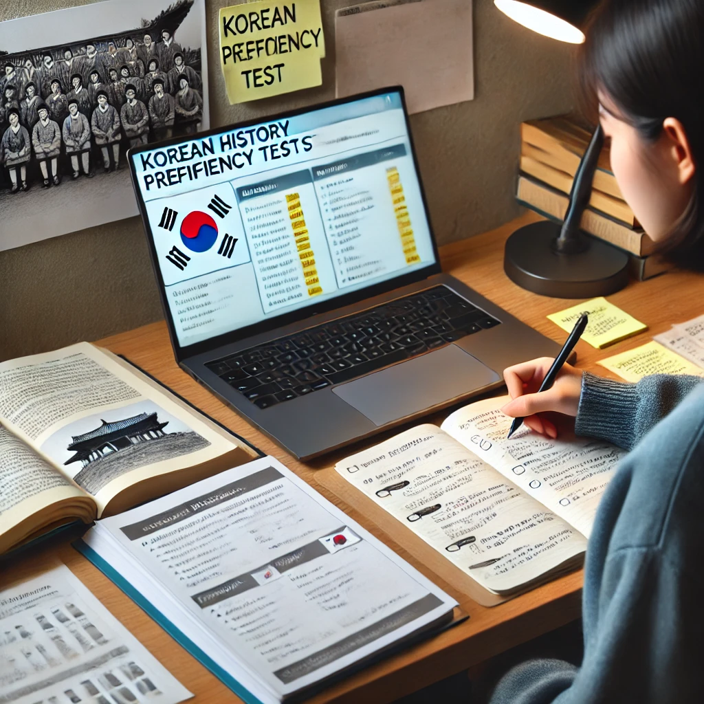 조용한 학습 공간에서 노트북과 형광펜을 활용해 한국사 능력 검정시험 기출문제를 검토하는 학생. 정리된 환경에서 학습에 집중하는 모습