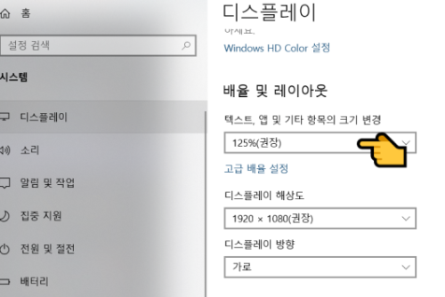 배율 및 레이아웃 설정 화면