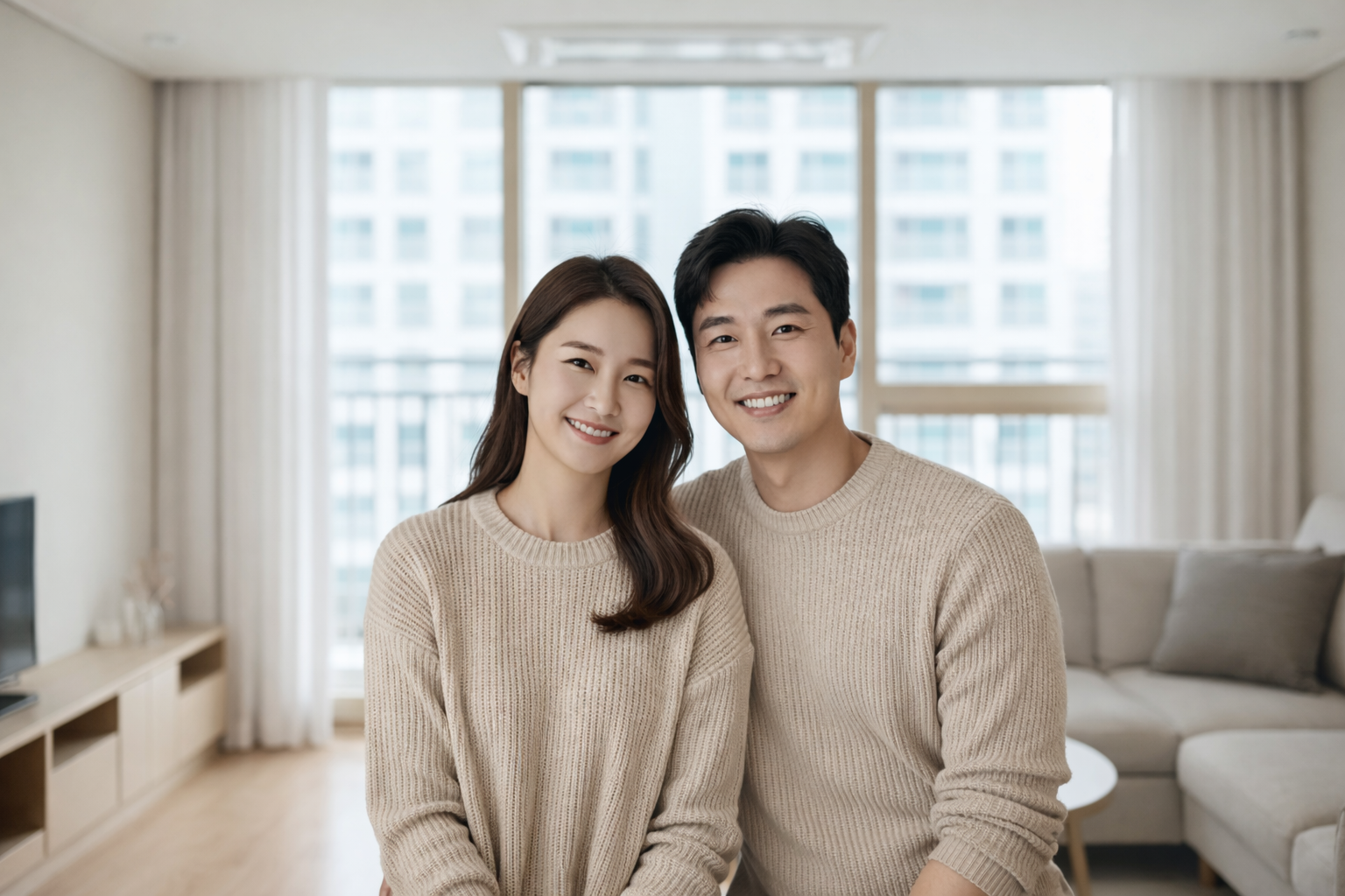 한국남녀가 거실에서 웃고 있음