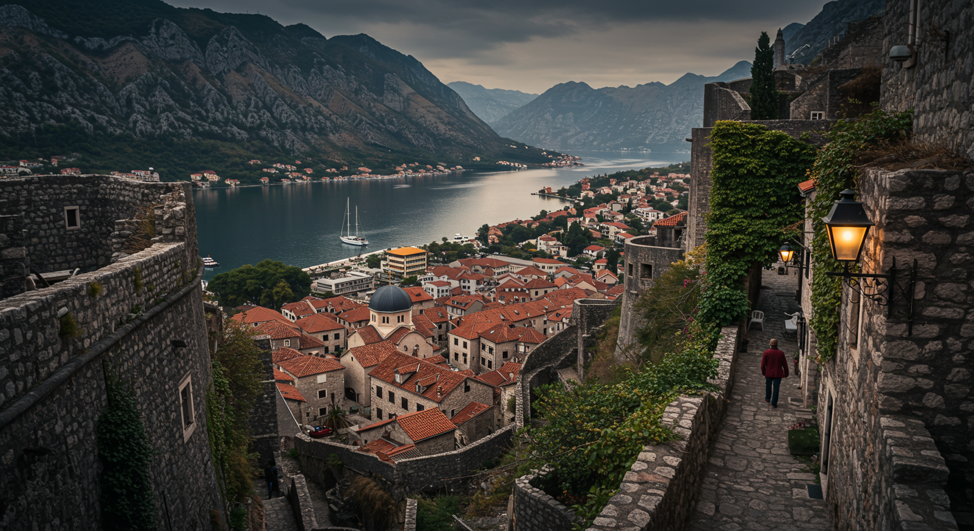 산 중턱에서 내려다보는 코토르 만, 고요한 바다와 산맥