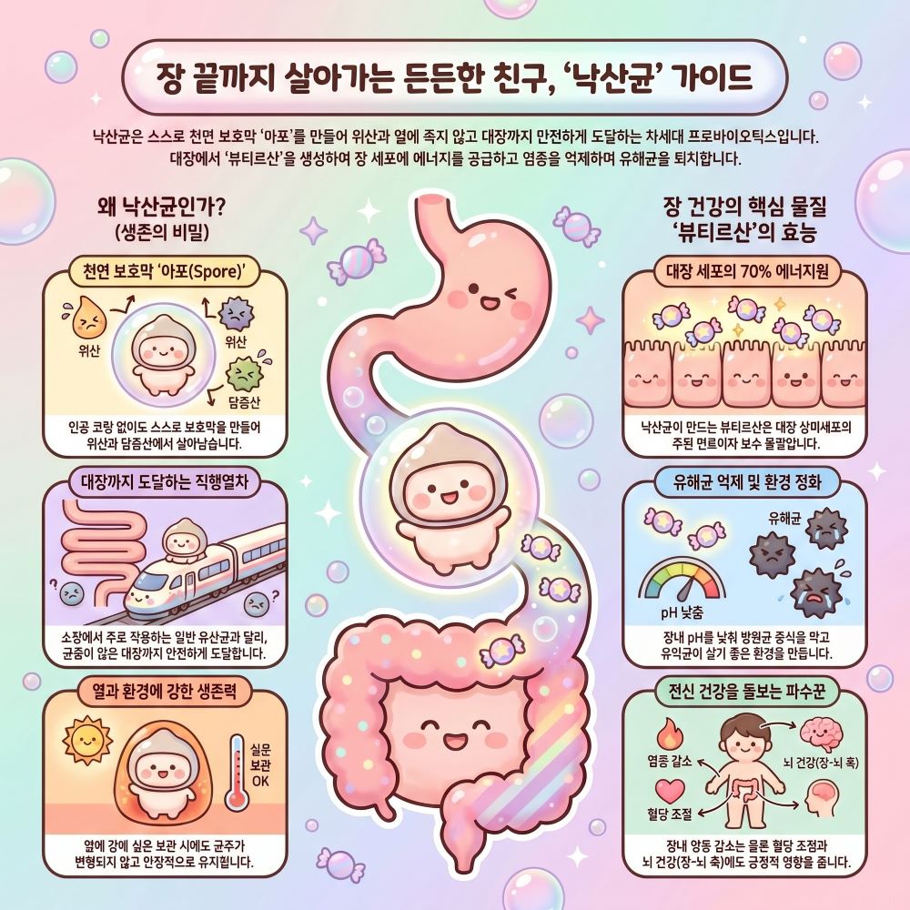 낙산균의 특징과 뷰티르산의 효능을 설명하는 인포그래픽 입니다.