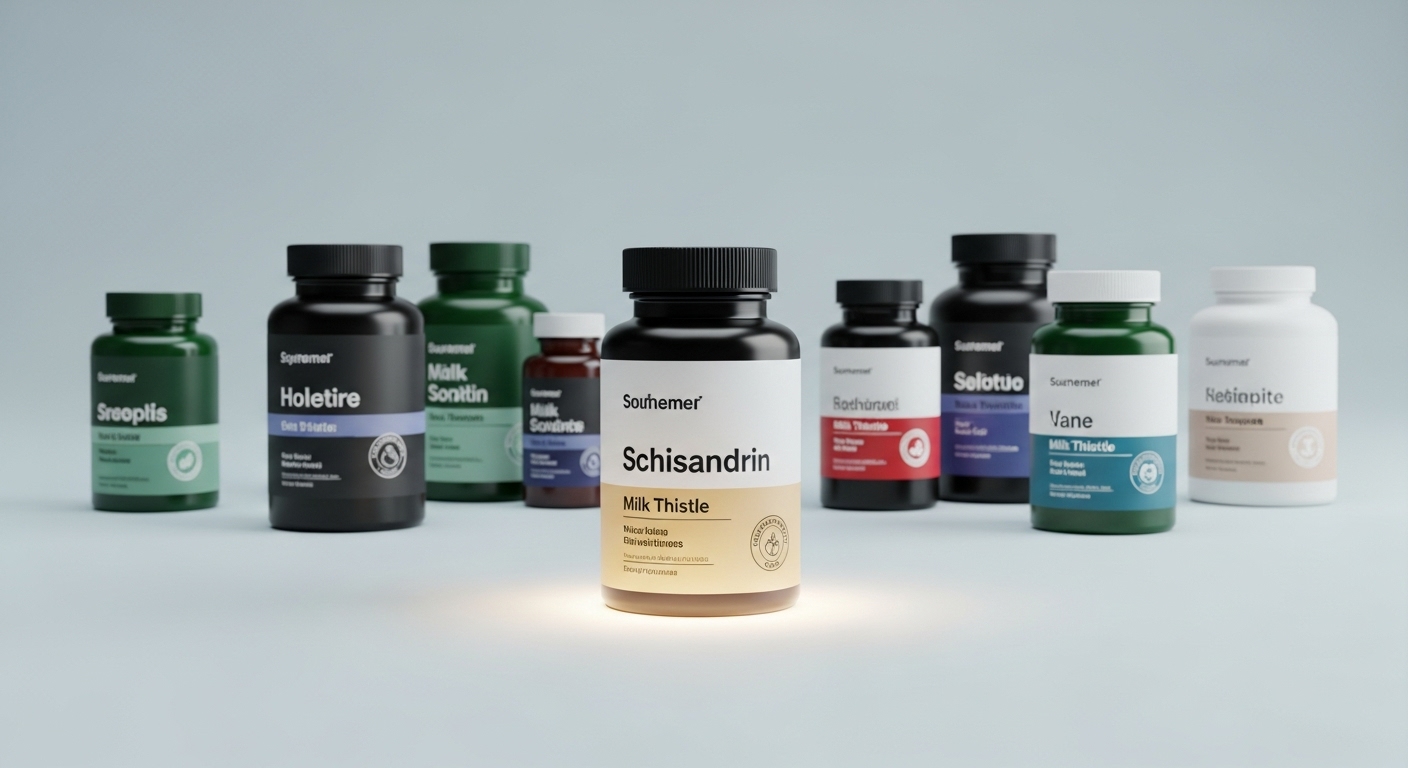 쉬잔드린과 밀크씨슬 등 여러 영양제 병들이 청결한 배경에 놓여있는 그림. 영양제 조합의 중요성을 나타냅니다.