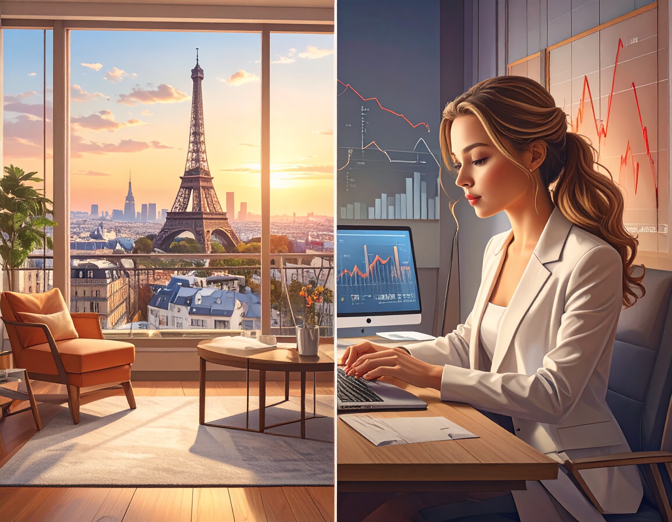 왼쪽은 호화로운 생활(아파트, 롤렉스, 어머니와 파리여행), 오른쪽은 사업 위기 그래프와 함께 다시 집중하는 모습