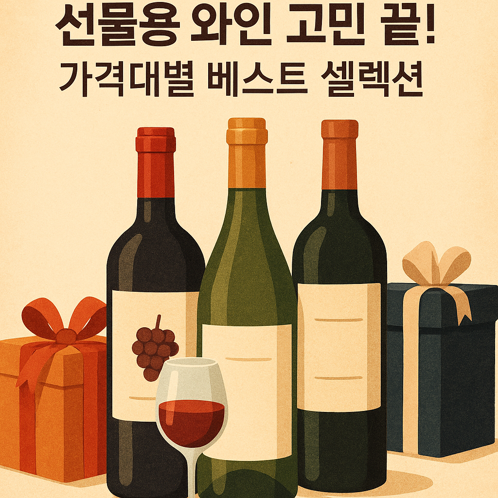 와인 세 병과 포장된 선물 상자, 와인잔이 함께 놓인 테이블 위에 '선물용 와인 고민 끝! 가격대별 베스트 셀렉션' 문구가 적힌 일러스트