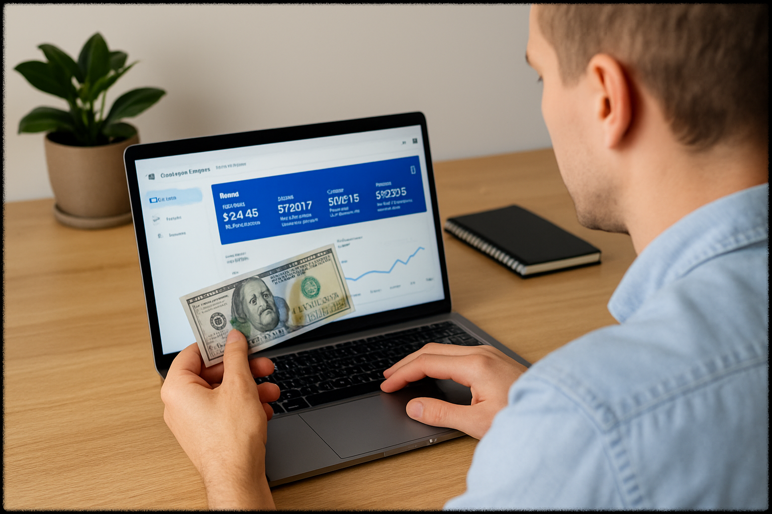 노트북으로 수익을 확인하고 있는 남성의 이미지