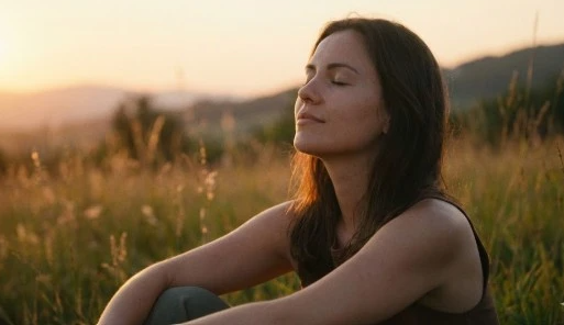 자연 속에서 눈 감고 깊게 숨 쉬는 평온한 모습