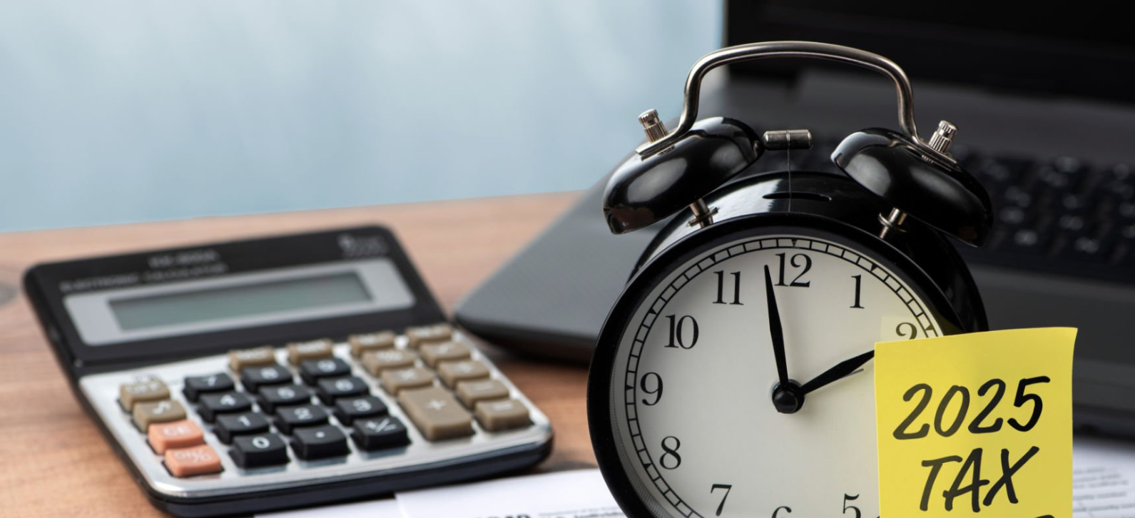 계산기와 2025년 세금 이라고 써있는 탁상 시계