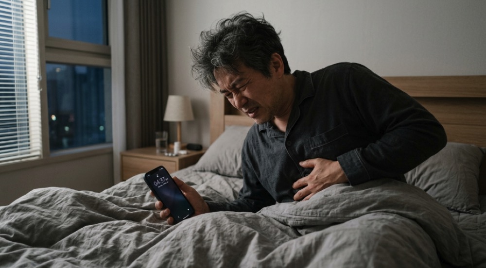 위궤양 증상으로 새벽 공복 통증에 잠에서 깨는 한국 남성 모습